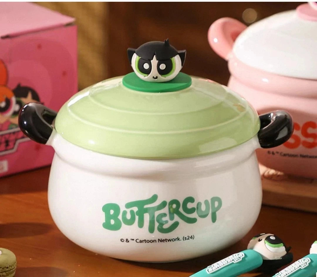 The Powerpuff Girls Ceramic Soup Mug with Lid & Handles (1 pc)| Cute Kawaii Cartoon Bowl – Blossom, Bubbles & Buttercup