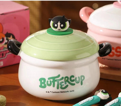 The Powerpuff Girls Ceramic Soup Mug with Lid & Handles (1 pc)| Cute Kawaii Cartoon Bowl – Blossom, Bubbles & Buttercup