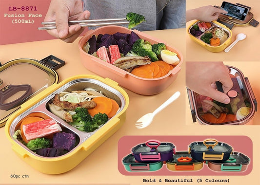Simple solid color single layer lunch box with plastic fork and spoon