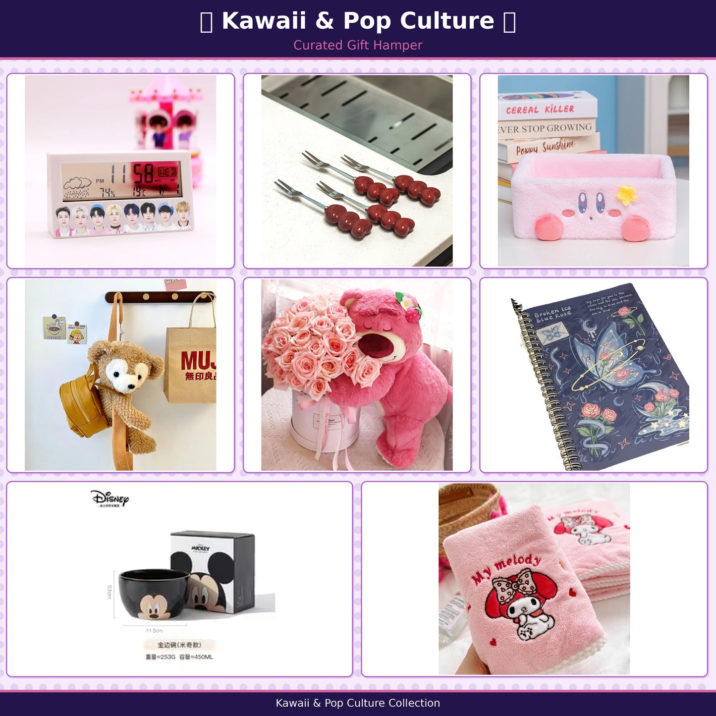 8-in-1 Kawaii Gift Hamper for Girls &amp; Teens | Cute Plush, Desk Clock, Decorative Bowl, Notebook, Towel, Cutlery Set &amp; Storage Basket | Aesthetic Birthday Gift Box &amp; Surprise Collection