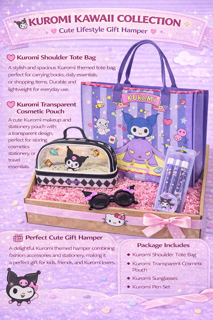 Kuromi Kawaii Lifestyle Gift Hamper – Tote Bag, Cosmetic Pouch, Sunglasses & Pen Set