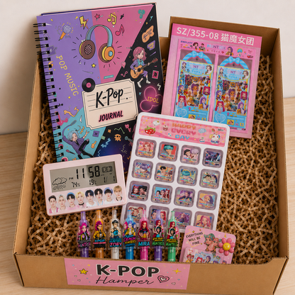 Kawaii K-Pop Aesthetic Premium Gift Hamper – “Happy Every Day” Sticker Set, Digital LED Clock, Cute Stationery, Pen Kit & Pastel Cardboard Gift Box