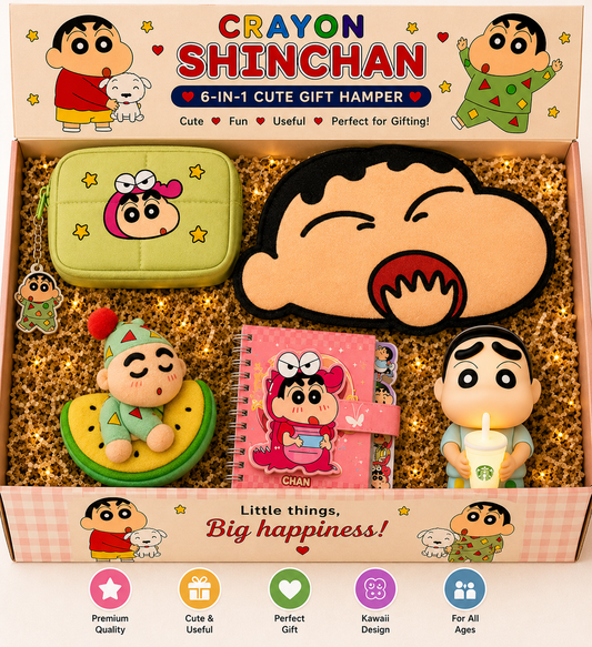 Crayon Shinchan 5-in-1 Cute Gift Hamper Box – Premium Kawaii Anime Gift Set for Kids, Girls & Shinchan FansCrayon Shinchan 6-in-1 Cute Gift Hamper Box – Premium Kawaii Anime Gift Set for Kids, Girls & Shinchan Fans