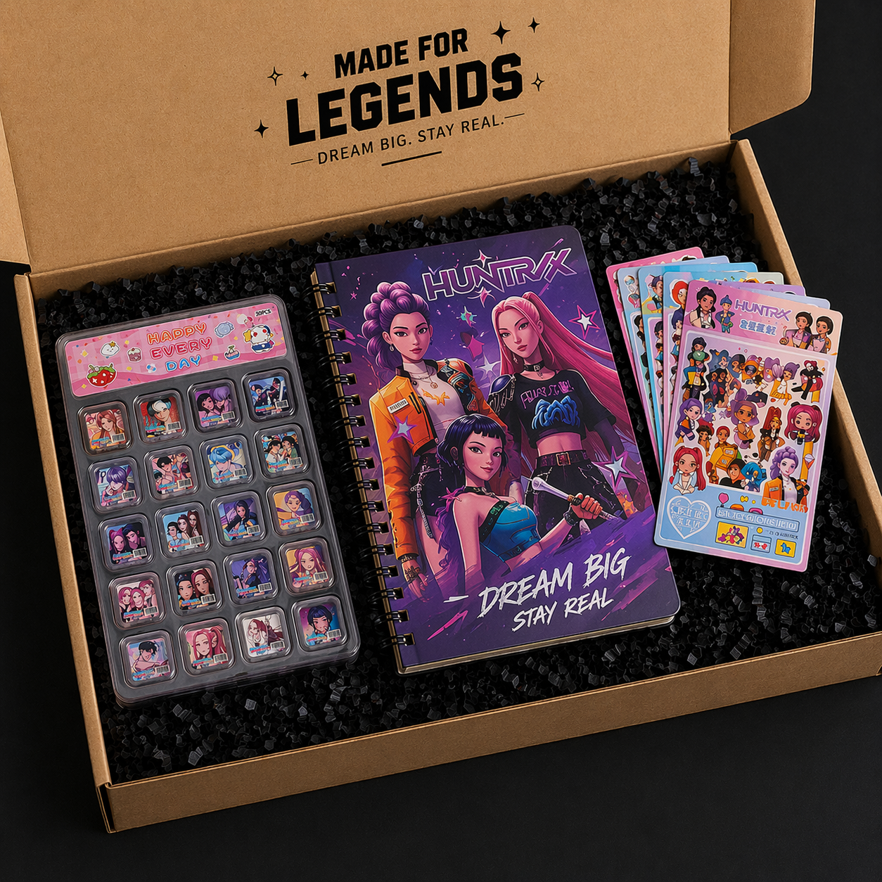 K-Pop Style Premium Stationery Gift Hamper | Huntrix Notebook, Aesthetic Stickers &amp; Collectible Mini Paper Soap Box | Trendy Gift Combo
