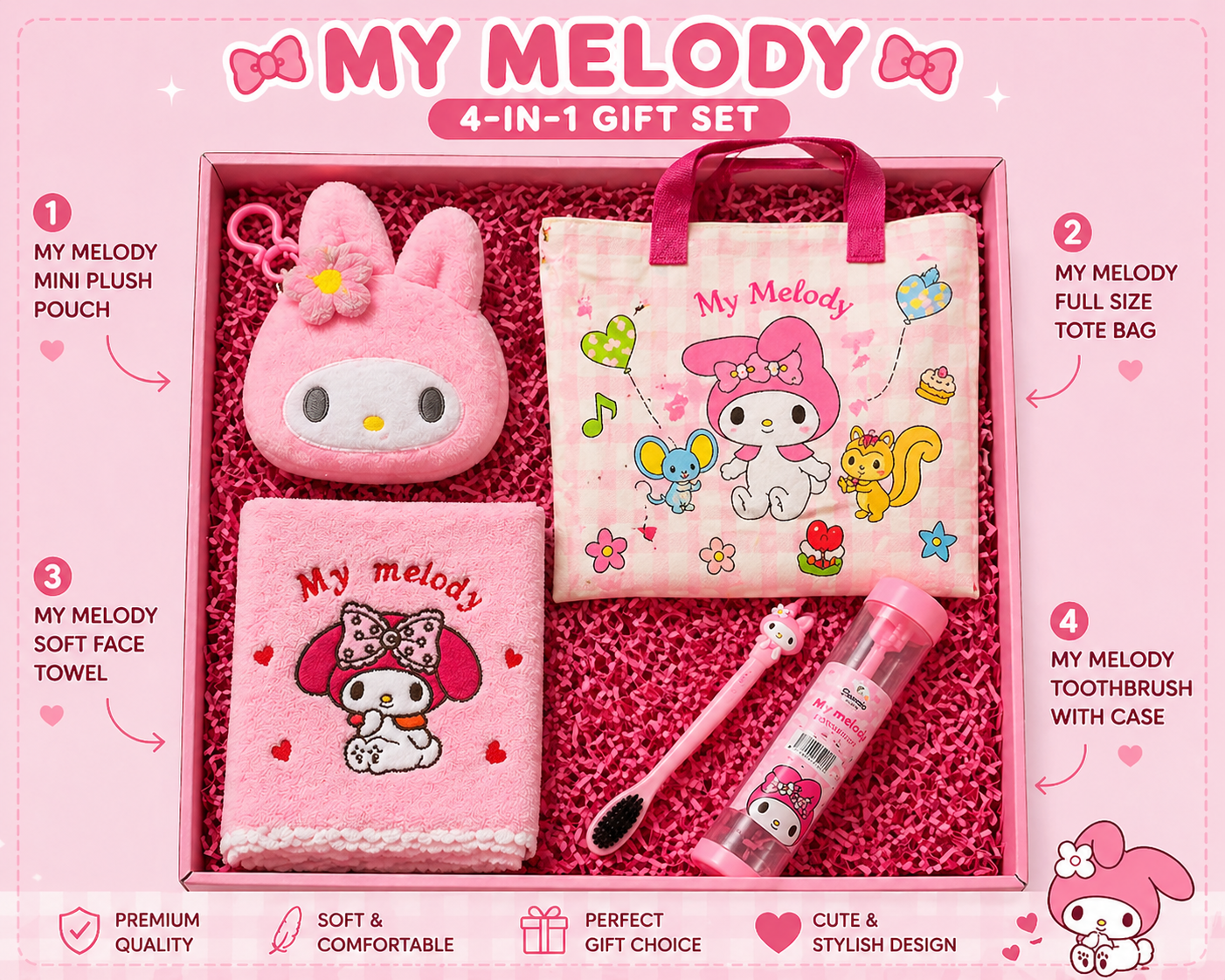 My Melody 4-in-1 Cute Essentials Gift Hamper (Tote Bag, Plush Pouch, Towel & Toothbrush Set)