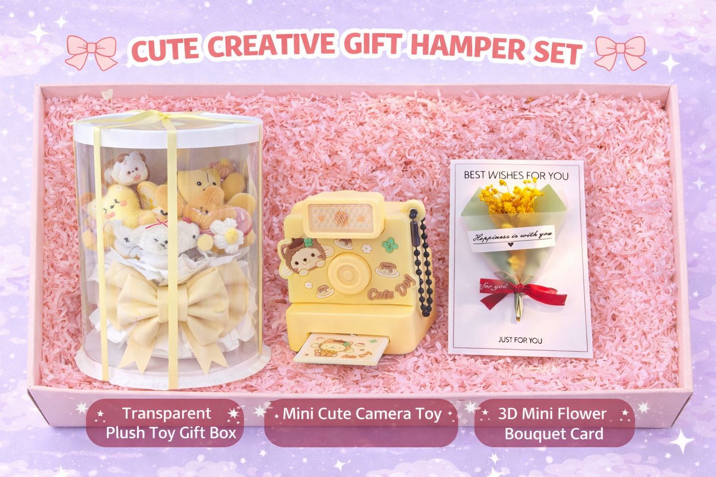 Cute Creative Gift Hamper – Plush Toy Box, Mini Camera Toy & 3D Flower Greeting Card | Unique Aesthetic Gift Combo