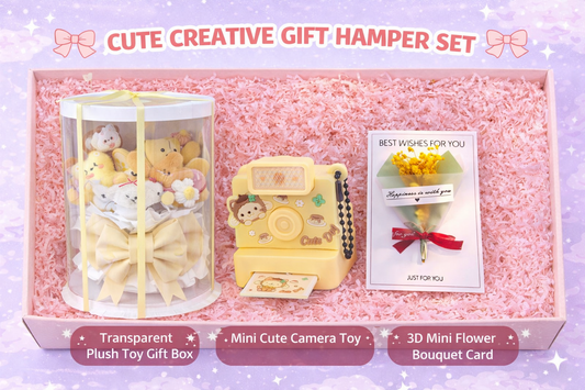 Cute Creative Gift Hamper – Plush Toy Box, Mini Camera Toy & 3D Flower Greeting Card | Unique Aesthetic Gift Combo