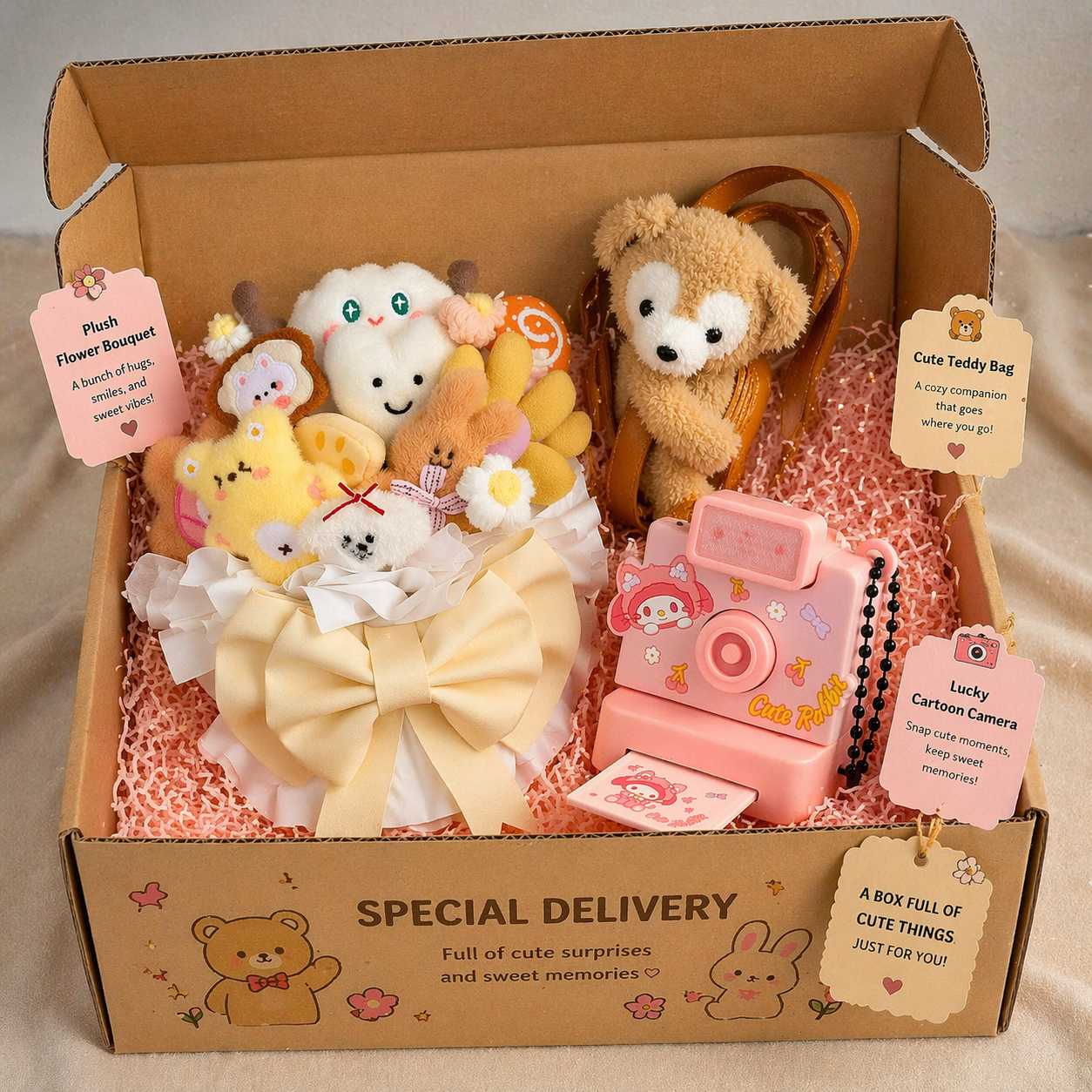 Cute Surprise Gift Box – Teddy Backpack, Plush Flower Bouquet &amp; Cartoon Camera Hamper