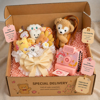 Cute Surprise Gift Box – Teddy Backpack, Plush Flower Bouquet &amp; Cartoon Camera Hamper