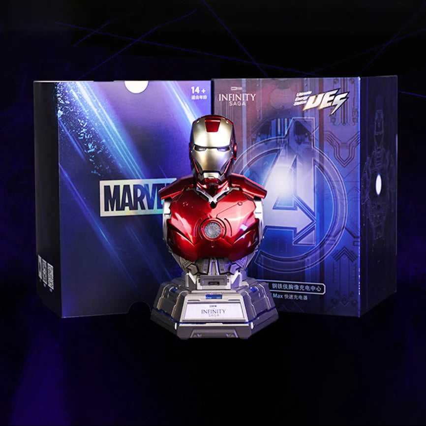 Iron Man Arc Reactor Charging Station Bust – Marvel-Inspired Mecha Desktop Fast Charging Dock | USB-C PD65W Mobile Phone Charger | Collectible Desk Display