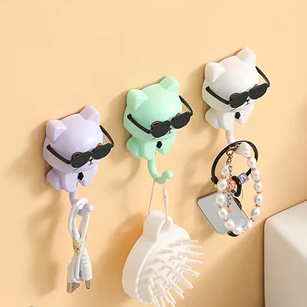 Cute Sunglasses Cat Wall Hook | Self-Adhesive Cartoon Cat Key Holder & Utility Hanging Hook for Home Decor