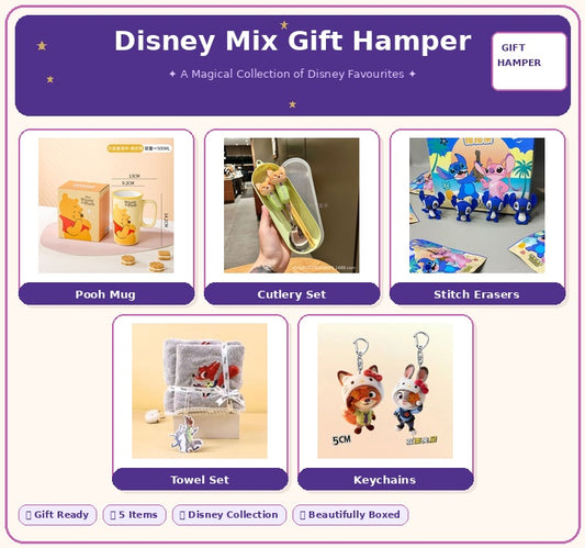 Disney Mix Gift Hamper – Pooh Mug, Cartoon Cutlery Set, Stitch Erasers, Towel Set & Character Keychains | Gift Ready Disney Hamper