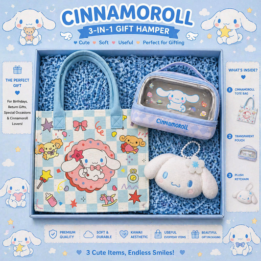 Cinnamoroll 3-in-1 Kawaii Gift Hamper – Cute Tote Bag, Transparent Pouch & Plush Keychain Combo