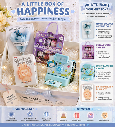 A Little Box of Happiness – Cute Gift Hamper with Washi Tape, Cartoon Camera, Blind Box &amp; Flower Card