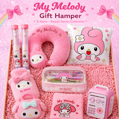 My Melody Kawaii Sanrio Gift Hamper – 10 Items Cute Gift Box Set with Pillow, Neck Cushion, Pencil Case, Light Lamp & Accessories