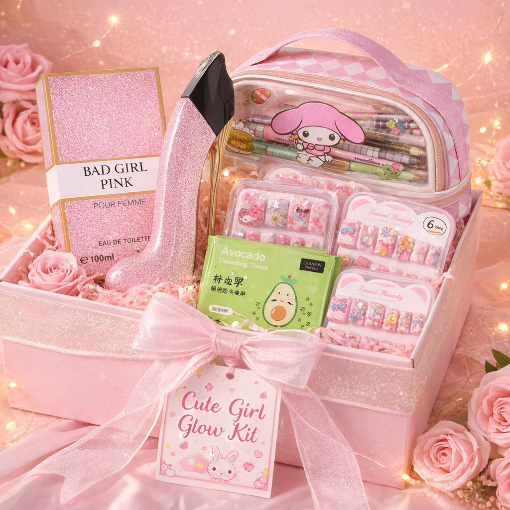 Cute Girl Glow Kit Hamper – Perfume, Nail Art Set, Nail Paints & Skincare Gift Combo with My Melody Pouch