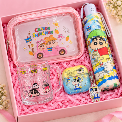 Shinchan Gift Hamper for Kids and Teens with Transparent Pouch, Printed Umbrella, Glass Mug and Wireless Earbuds Case with Keychain
