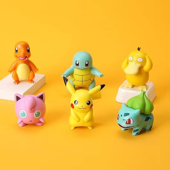 Pokemon Action Figure Set of 6 PVC Mini Collectible Toys – Pikachu, Charmander, Squirtle, Bulbasaur, Jigglypuff & Psyduck Anime Figurines for Kids, Desk Decor, Birthday Gift & Collectors