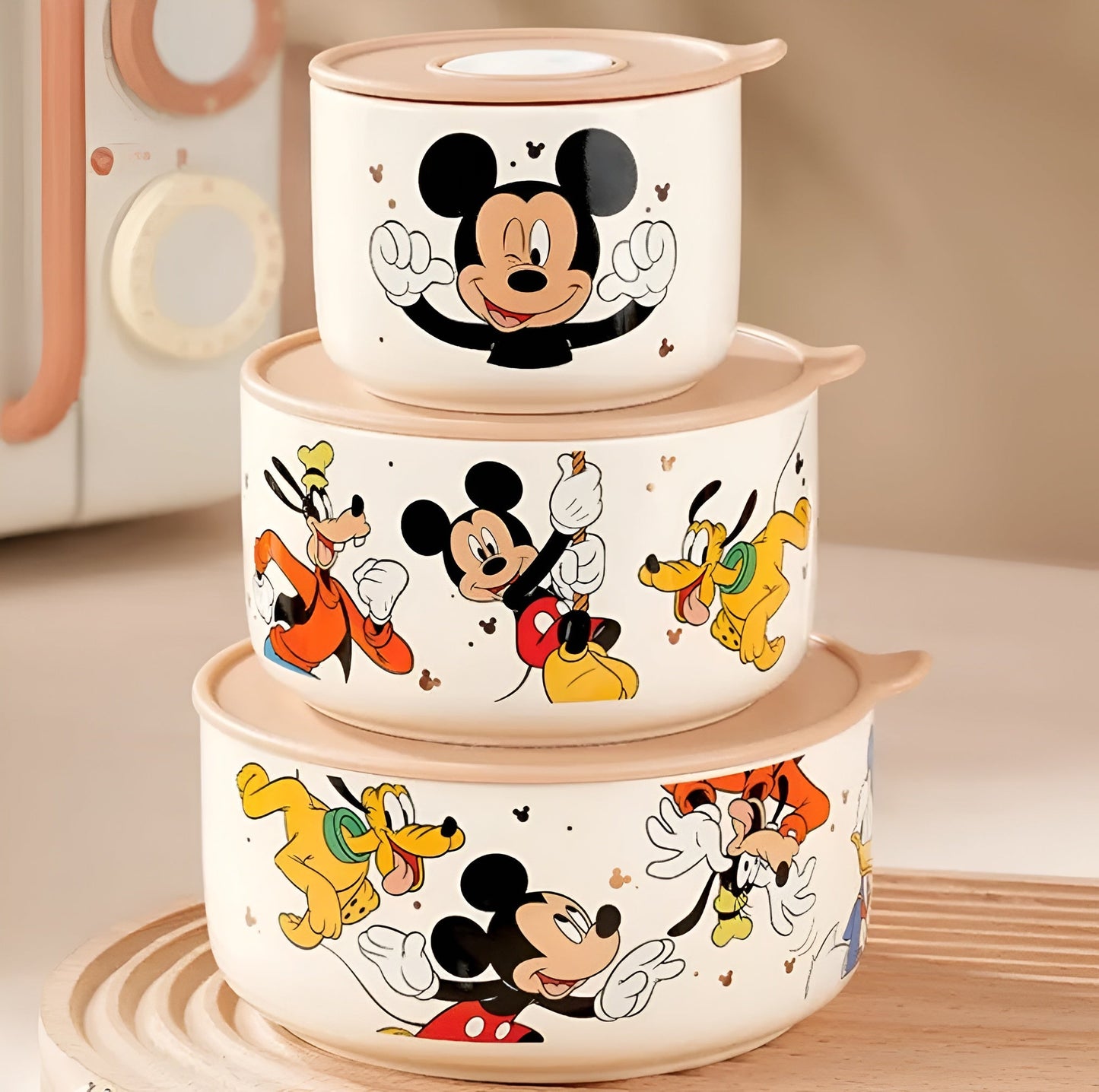Disney Mickey Mouse Cartoon Food Storage Container Set with Lid | Microwave Safe Kitchen Storage Bowls (Set of 3)