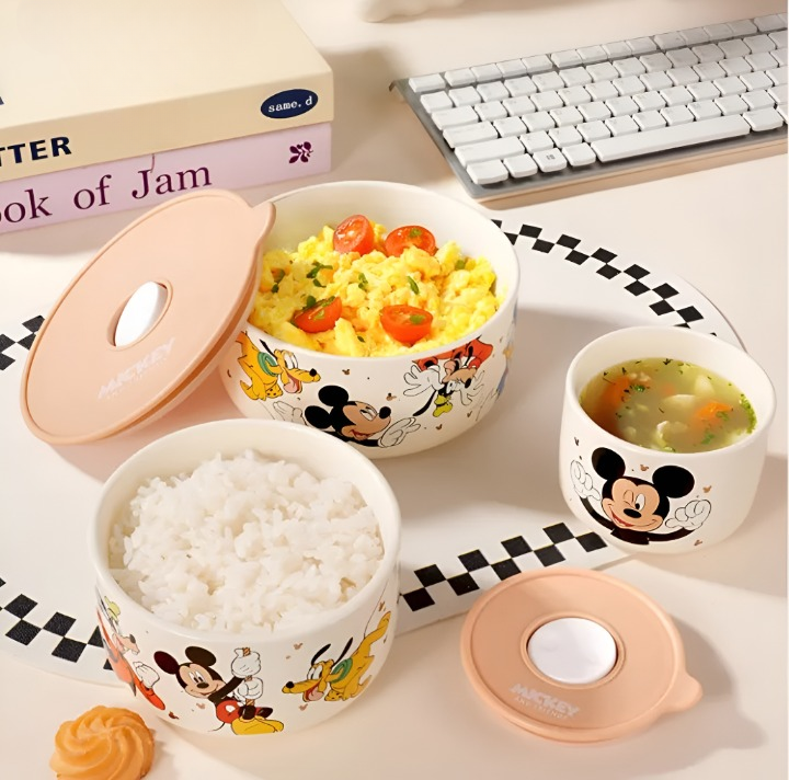 Disney Mickey Mouse Cartoon Food Storage Container Set with Lid | Microwave Safe Kitchen Storage Bowls (Set of 3)