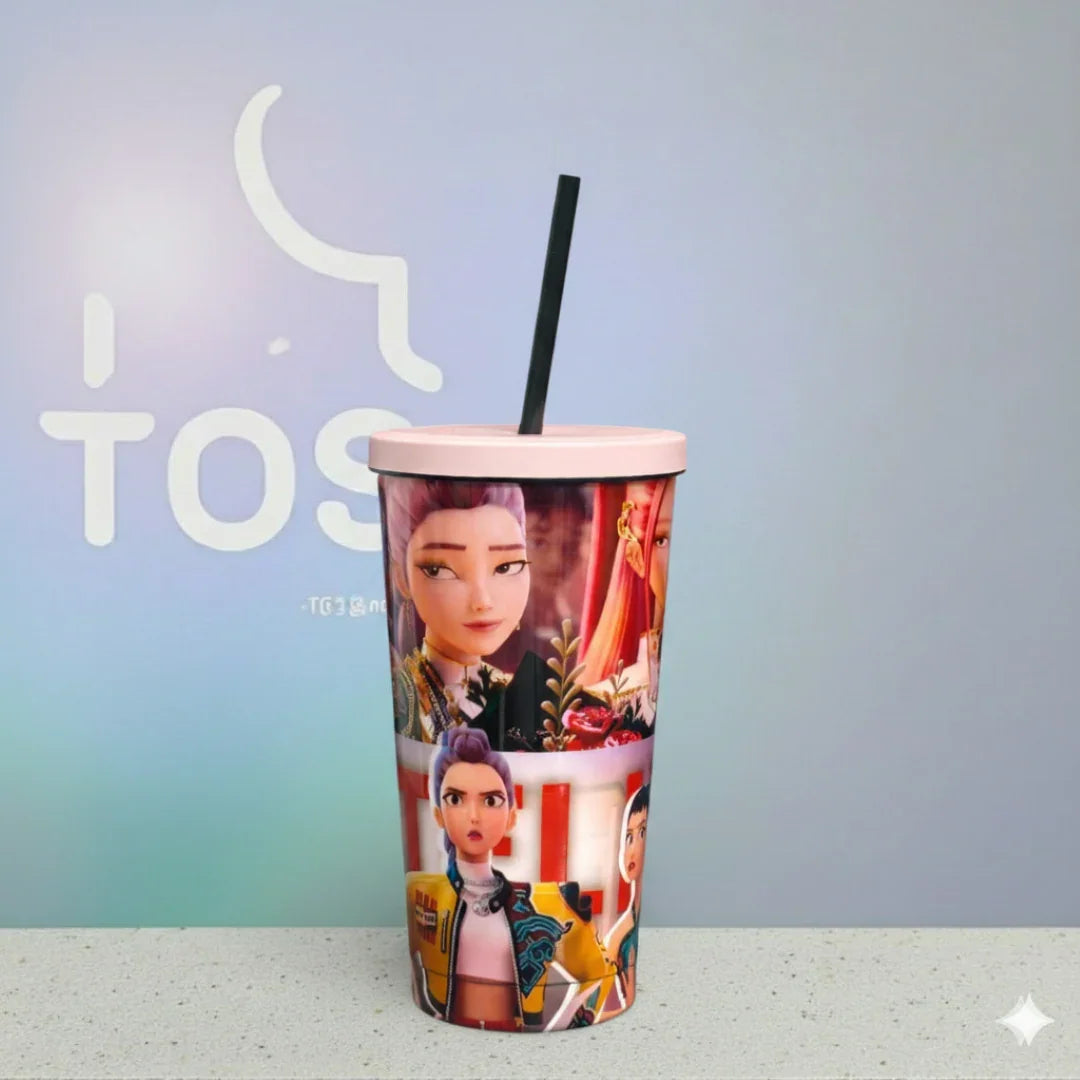 K-POP SS Sipper Bottle with Straw | Stylish Korean Pop Idol Printed Tumbler | Reusable Leakproof Sipper Cup for Kids, Teens & K-Pop Fans