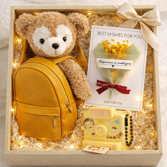 Sunshine Aesthetic Gift Hamper – Teddy Backpack, Flower Card & Mini Camera
