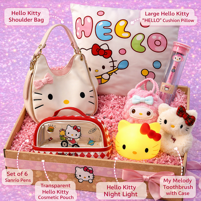 Hello Kitty Kawaii Gift Hamper – Sanrio Gift Box with Handbag, Cushion Pillow, toothbrush, Plush Toys & Lamp