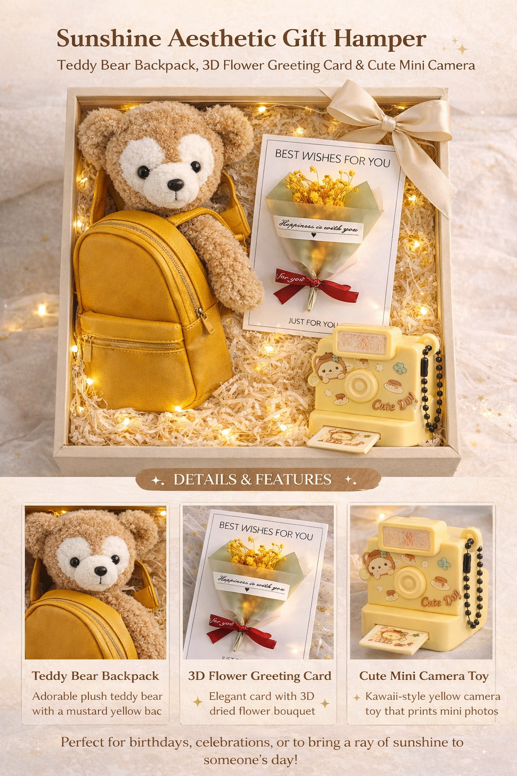 Sunshine Aesthetic Gift Hamper – Teddy Backpack, Flower Card & Mini Camera