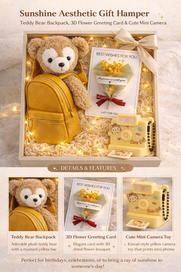 Sunshine Aesthetic Gift Hamper – Teddy Backpack, Flower Card & Mini Camera