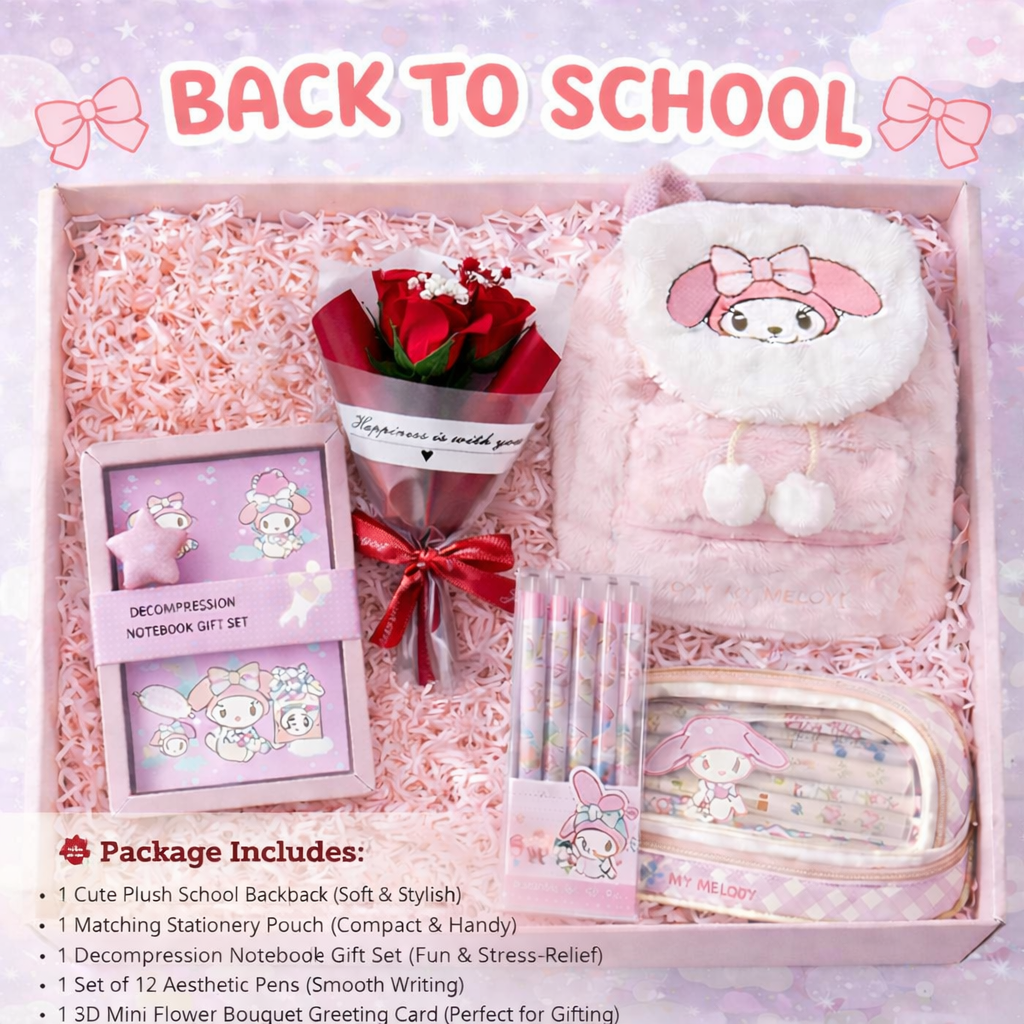 My Melody Cute Back to School Gift Hamper for Girls – Complete School Kit with Backpack, Lunch Box, 3D Mini Flower Bouquet Greeting Card