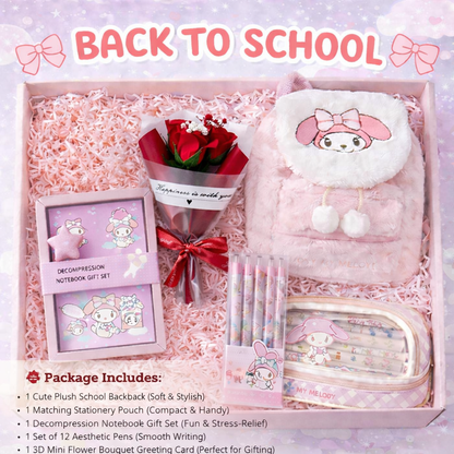 My Melody Cute Back to School Gift Hamper for Girls – Complete School Kit with Backpack, Lunch Box, 3D Mini Flower Bouquet Greeting Card