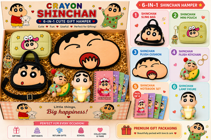Crayon Shinchan 6-in-1 Cute Gift Hamper Box – Premium Kawaii Anime Gift Set for Kids, Girls & Shinchan FansCrayon Shinchan 6-in-1 Cute Gift Hamper Box – Premium Kawaii Anime Gift Set for Kids, Girls & Shinchan Fans