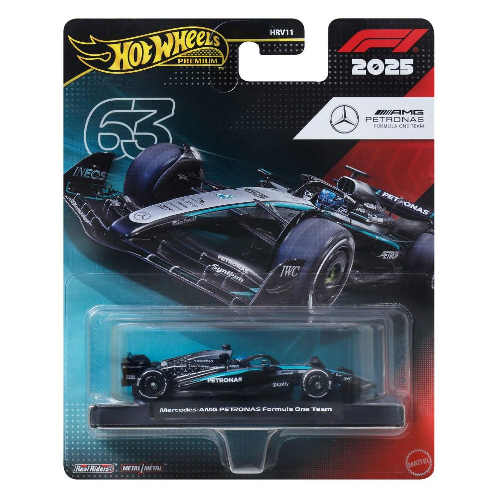 Hot Wheels Premium Mercedes-AMG Petronas F1 W15 #63 2025 Die-Cast Car | 1:64 Scale Formula 1 Collectible Model | Real Riders Metal/Metal