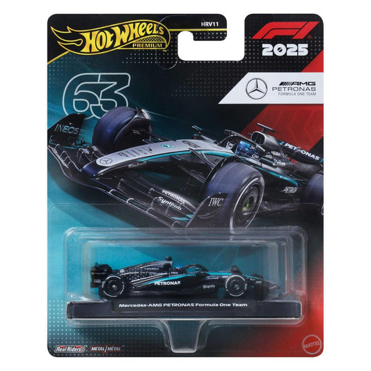 Hot Wheels Premium Mercedes-AMG Petronas F1 W15 #63 2025 Die-Cast Car | 1:64 Scale Formula 1 Collectible Model | Real Riders Metal/Metal