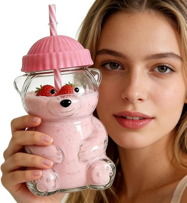 Cute Bear Glass Cup with Pink Lid and Straw | Kawaii Animal Shaped Drinking Glass