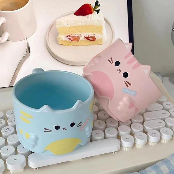 Kawaii Cat Face Ceramic Mug – Cute Cartoon Coffee & Tea Mug | Stackable Aesthetic Mug for Home & Office