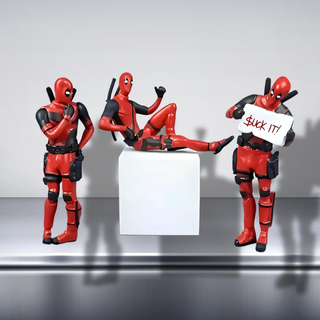 Deadpool Mini Action Figure Set (3 Poses) – Funny Superhero Collectible PVC Desk Decor | Mini Deadpool Statue for Home, Office, Car Dashboard & Gifts