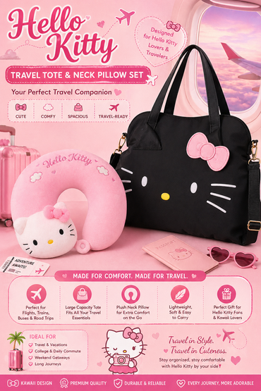 Hello Kitty Travel Essentials Set 🎀 Tote Bag & Neck Pillow Combo for Girls & Travelers