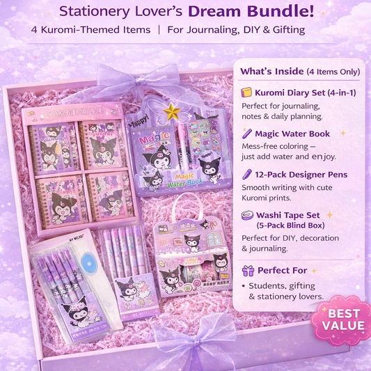 Kuromi Deluxe Stationery Gift Hamper – 4-in-1 Kawaii Combo Set for Girls | Diary, Magic Water Book, 12 Gel Pens & Washi Tape Box
