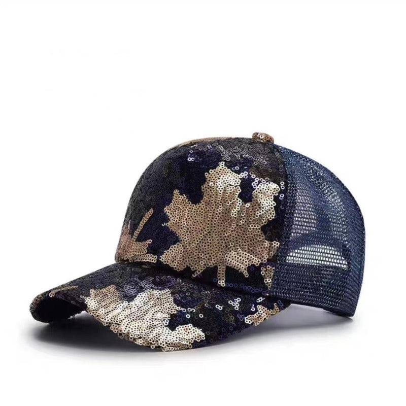 Maple Leaf Sequined Mesh Baseball Cap (Black)