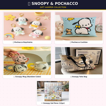 Snoopy Cozy Hamper – Aesthetic Cute Gift Box with one Mug, Cushion, Tote bag, Pen set & Plushie keychain