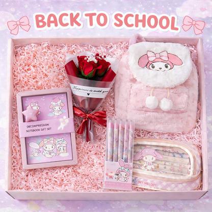 My Melody Cute Back to School Gift Hamper for Girls – Complete School Kit with Backpack, Lunch Box, 3D Mini Flower Bouquet Greeting Card