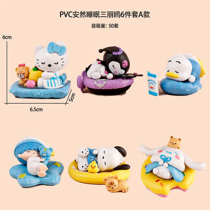Sleeping Kawaii Character Mini PVC Figurine Set of 6 – Cute Sanrio-Inspired Anime Desk Decor | Mini Collectible Toy Set for Kids & Gifts