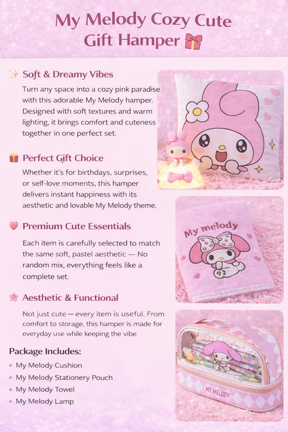 My Melody Cozy Cute Kawaii Gift Hamper – Sanrio Gift Box with Cushion Pillow, Night Lamp, Lunch Box & Pencil Case