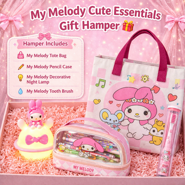 My Melody Cute Essentials Kawaii Gift Hamper – Sanrio Gift Box with Tote Bag, Lunch Box, Pencil Case, Night Lamp & Water Bottle