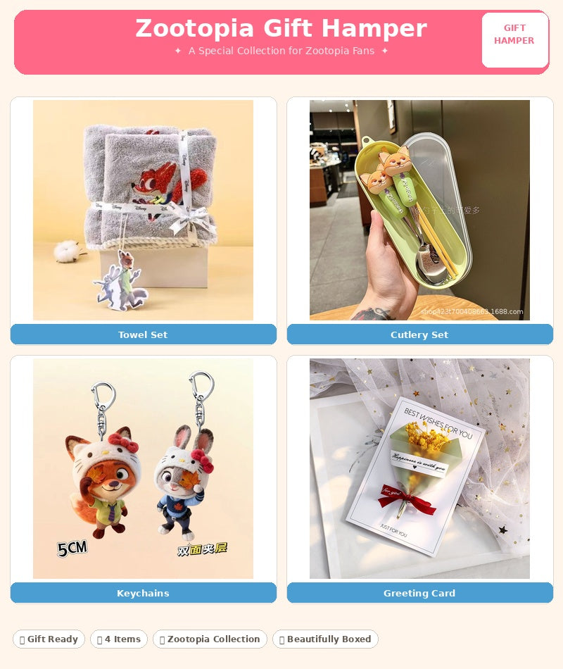 Zootopia Cute Gift Hamper – Sling Bag, Cutlery Set, 2-Piece Towel Set &3D Mini Flower Bouquet Greeting Card