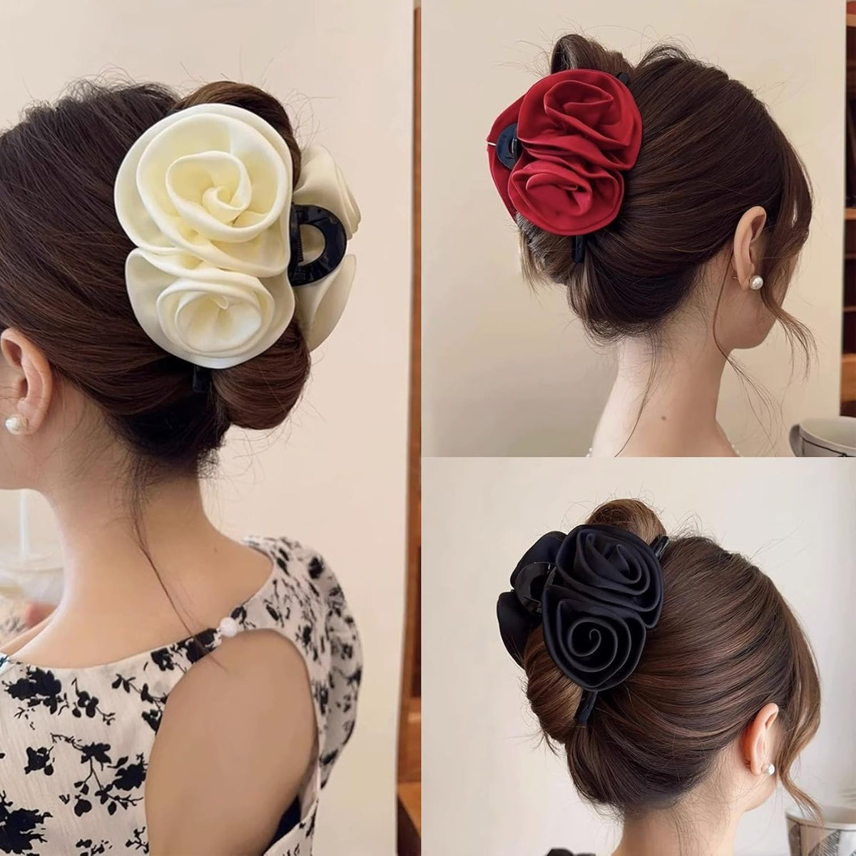 Burgundy Double Rose Flower Hair Claw Clip for Women & Girls – Elegant Floral Satin Hair Clutcher