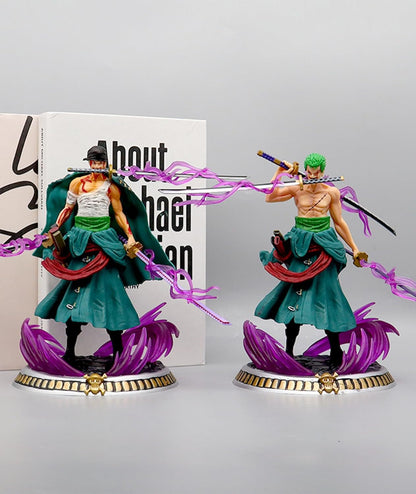 Roronoa Zoro Three Sword Style Action Figure with Purple Aura Effect – 19cm One Piece Anime Collectible PVC Statue | Premium Display Model for Anime Fans & Collectors