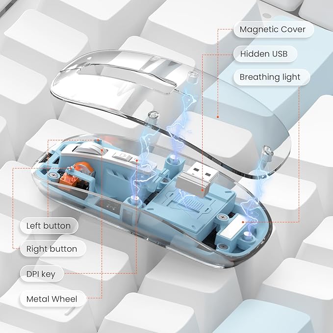 Transparent Shell T900 Wireless Rechargeable Mouse – Type-C Charging, Tri-Mode Connectivity & 4-Level Adjustable DPI