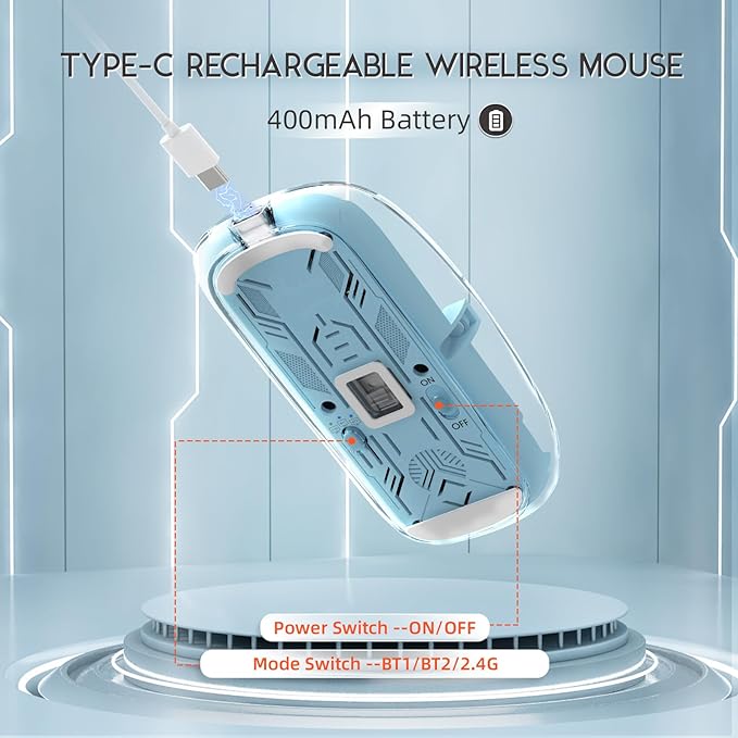 Transparent Shell T900 Wireless Rechargeable Mouse – Type-C Charging, Tri-Mode Connectivity & 4-Level Adjustable DPI